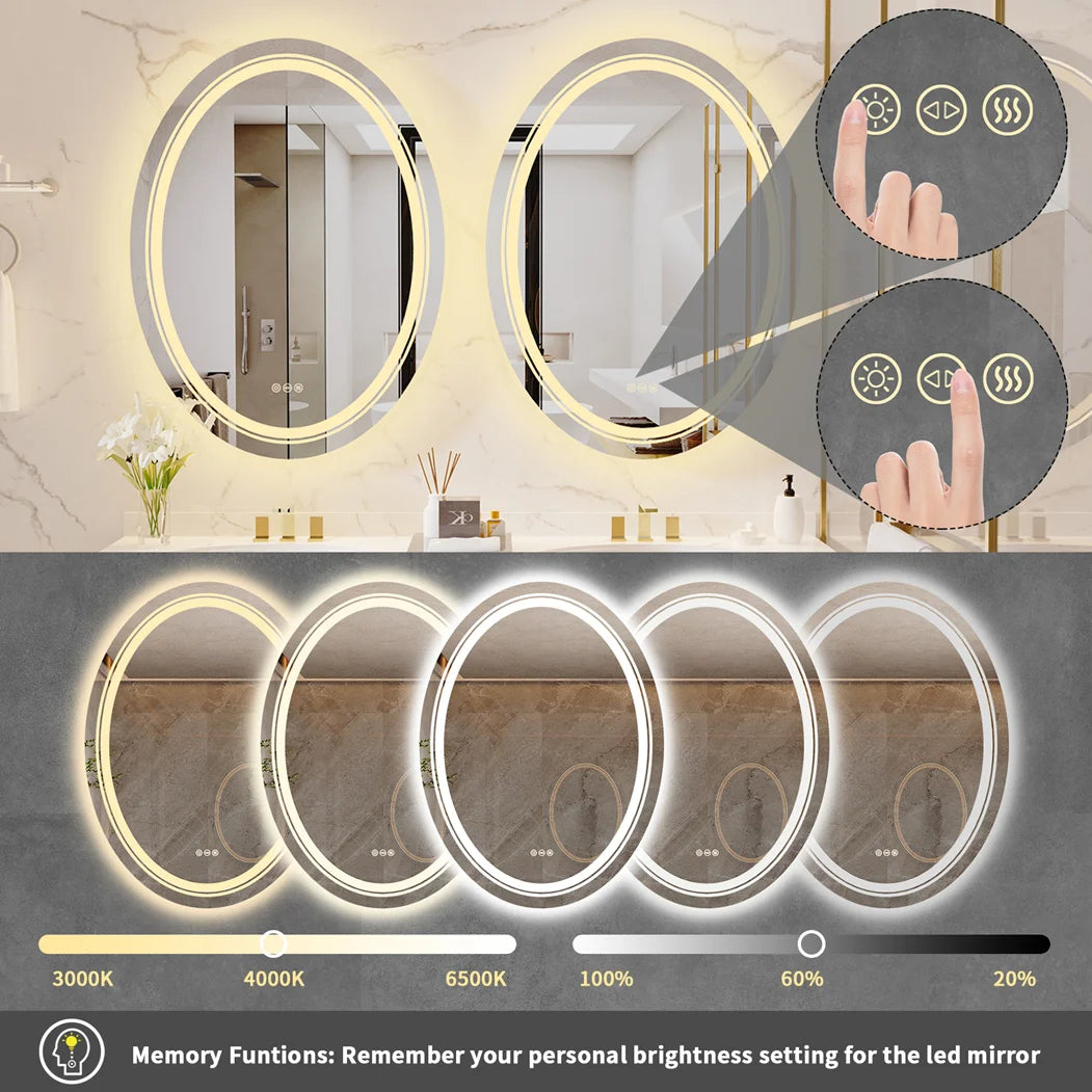 Borwart Oval LED Bathroom Mirror Fogless Dimmable Backlit Front Light