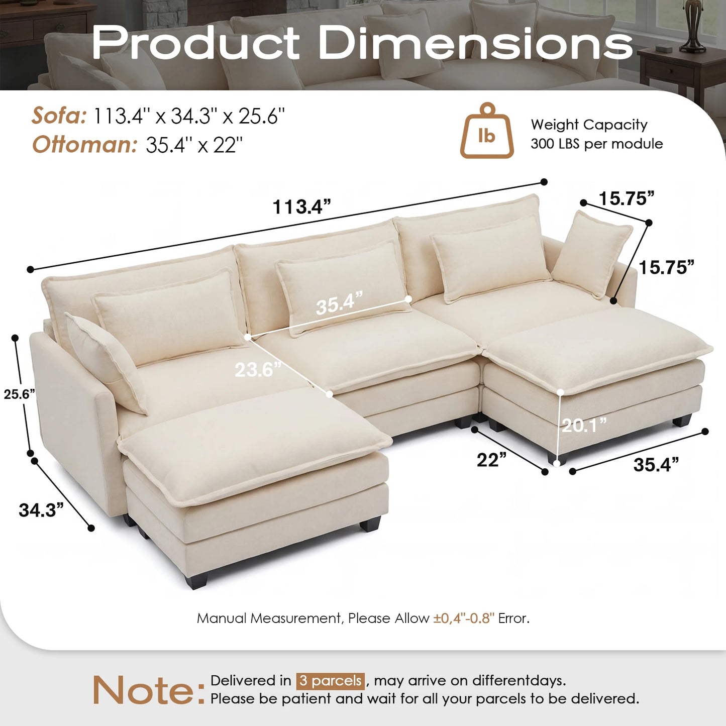 Modular Sectional Sofa With Ottoman For Living Room