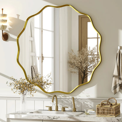 BEAUTYPEAK Wavy Round Decorative Bathroom Mirror With Deep Frame