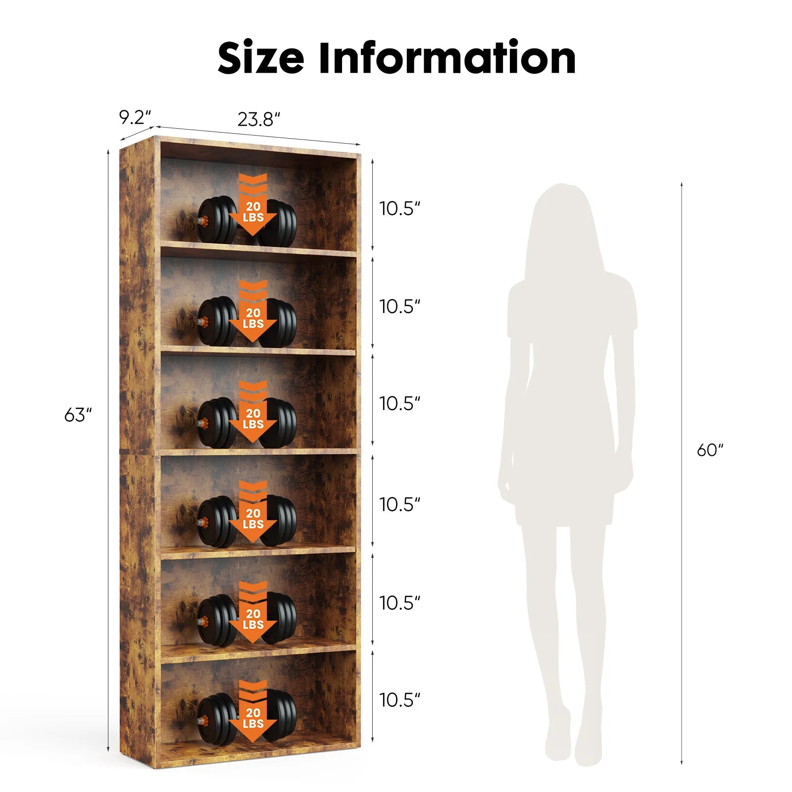 JHK 6 Tier Wooden Shelf Bookcase Tall Floor Standing Bookshelf