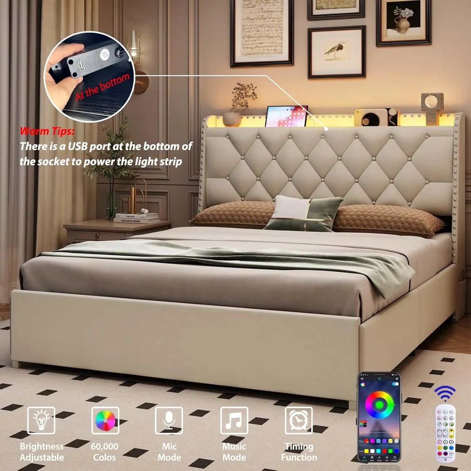 Bed Frame With 4 Drawers LED Lights And Charging Station