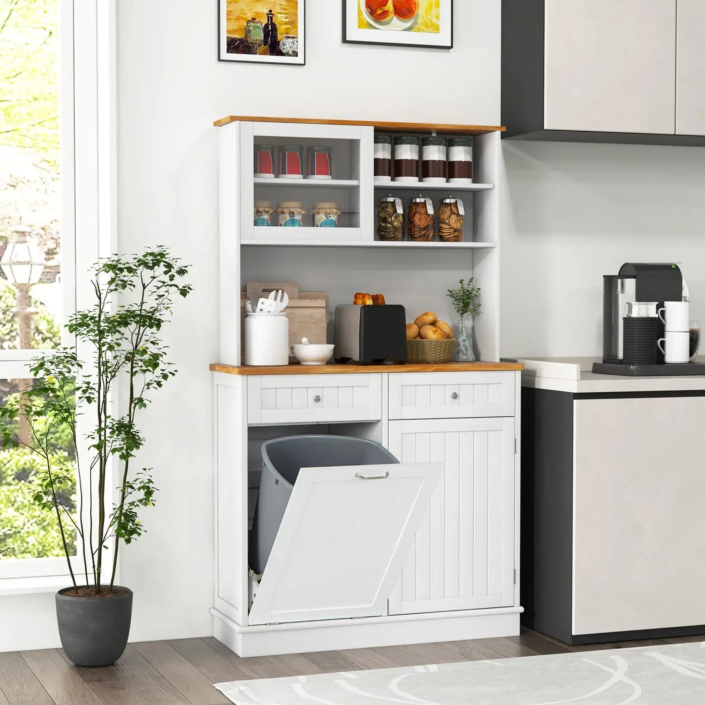 Carcase Pantry Cabinet With Tilt-Out Trash Bin And Two Drawers