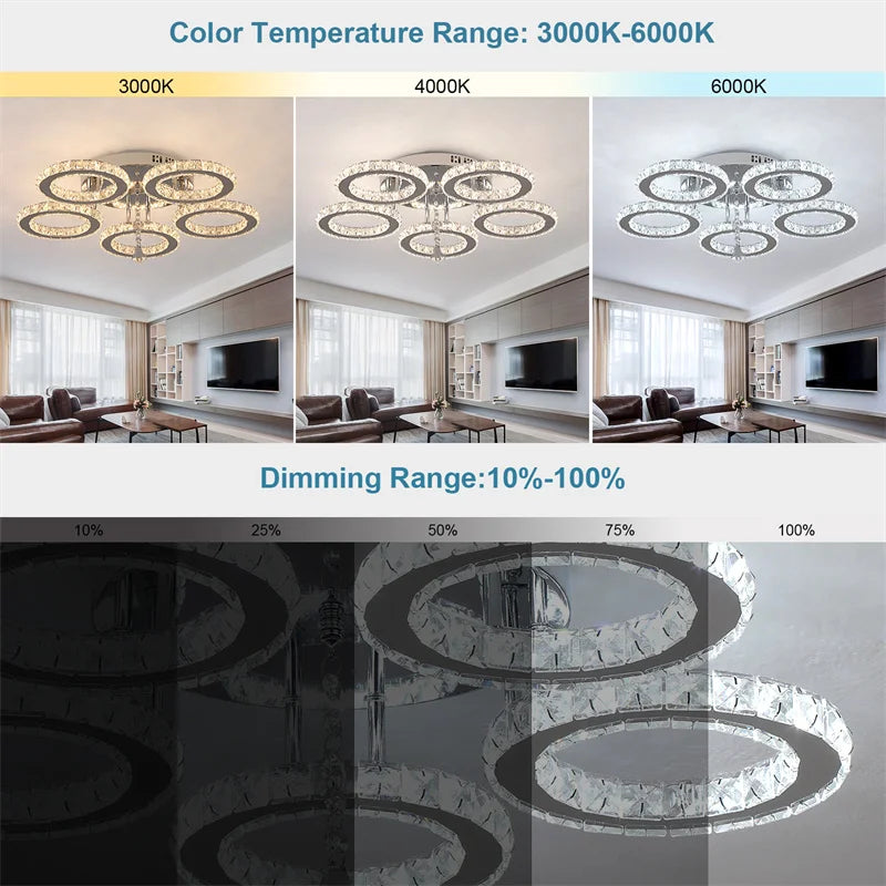 GreeLustr Crystal Led Rings Chandeliers Mirror Stainless Steel Ceiling Fixtures