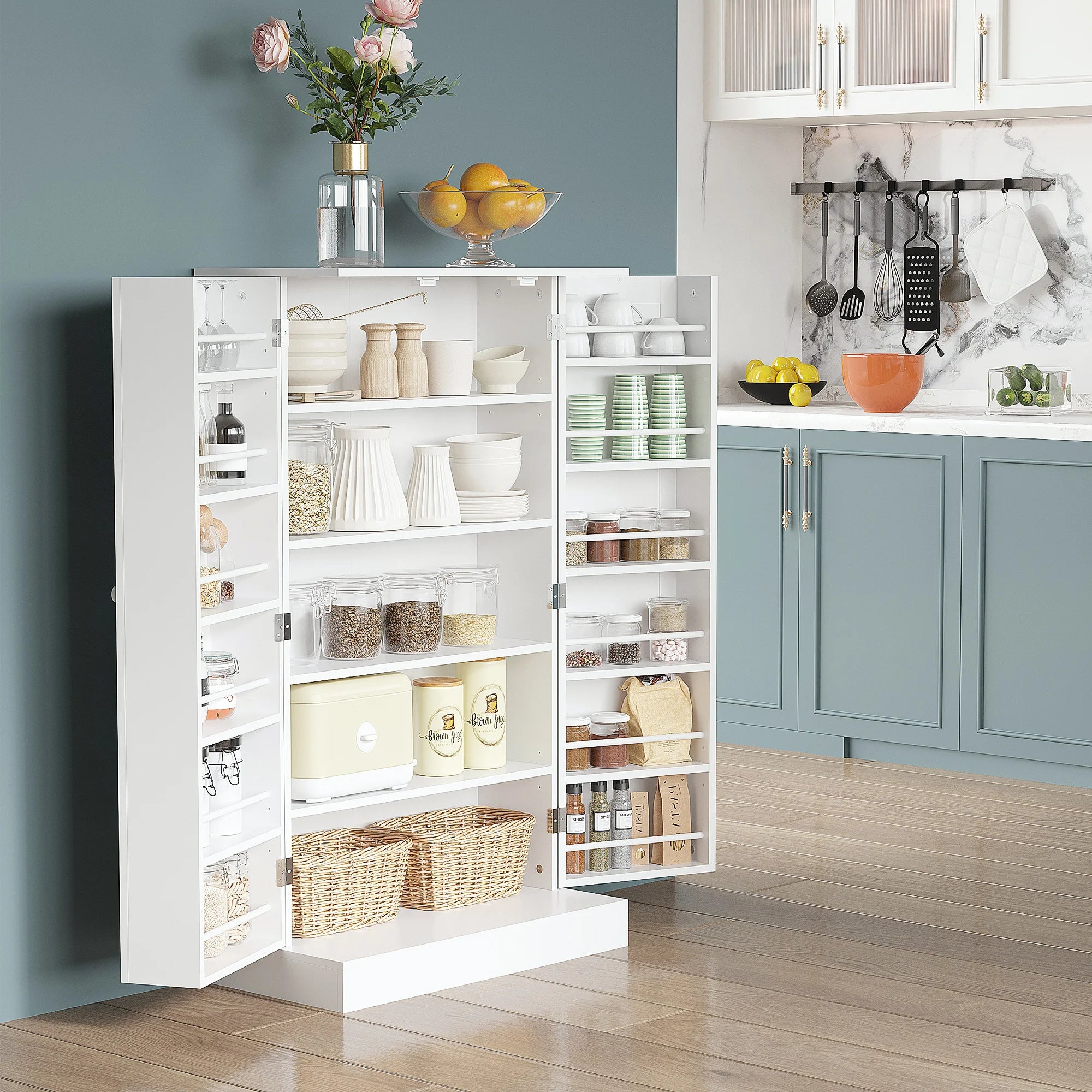 Homcom Freestanding Kitchen Pantry Cabinet With Double Doors