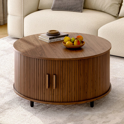 ONBRILL Round Coffee Table With Storage Curved Sliding Door