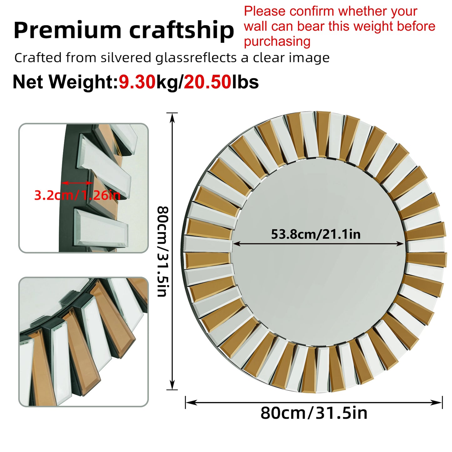 Round Starburst Decorative Wall Mirror For Living Room Bedroom Bathroom