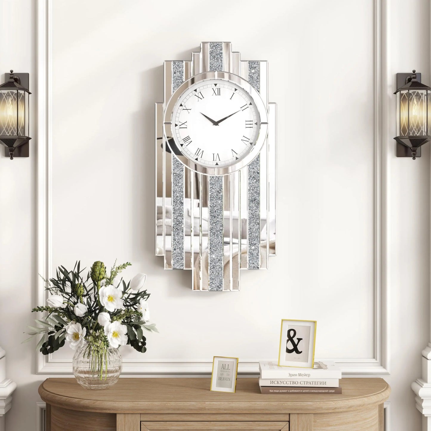 Modern Mirror Wall Clock With Crystal Sparkle Design