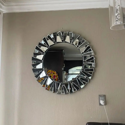 Sunburst Round Wall Mirror With Beveled Glass For Bathroom Decor