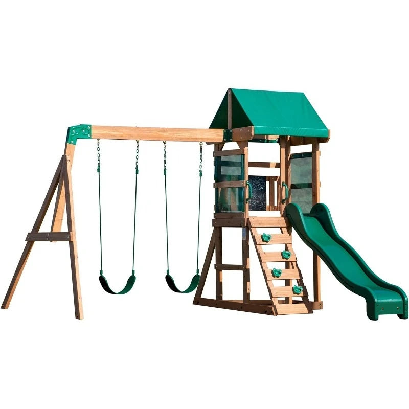 Buckley Hill Cedar Wood Swing Set With Wave Slide Chalkboard