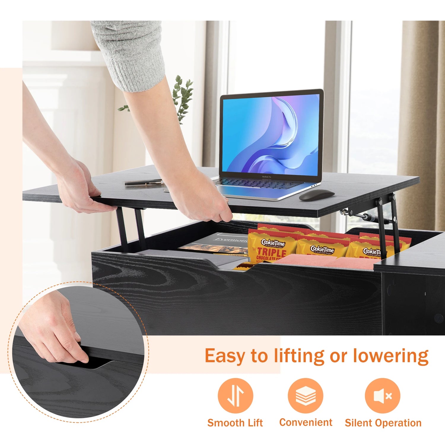 JHK Lift Top Coffee Table With Wood Storage Shelf Modern