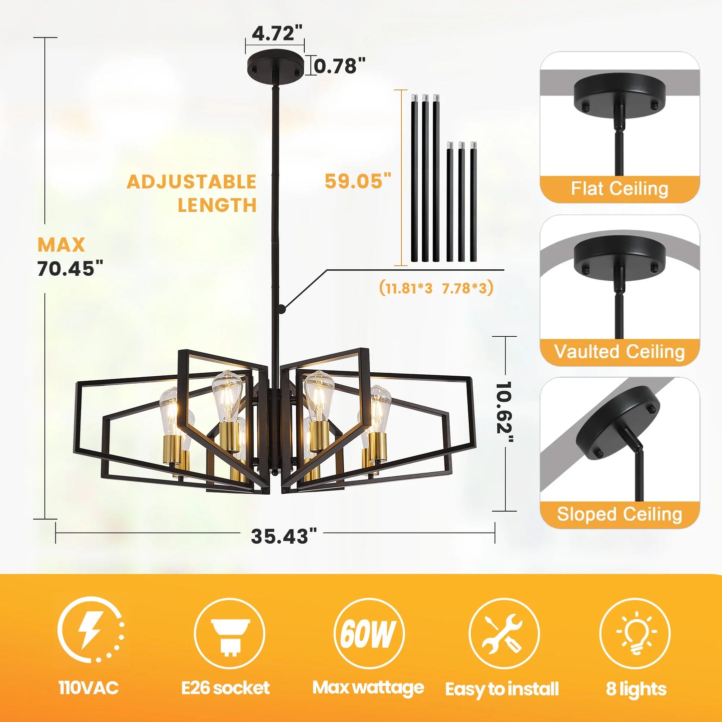 Modern 8 Light Geometric Chandelier With Adjustable Height Pendant