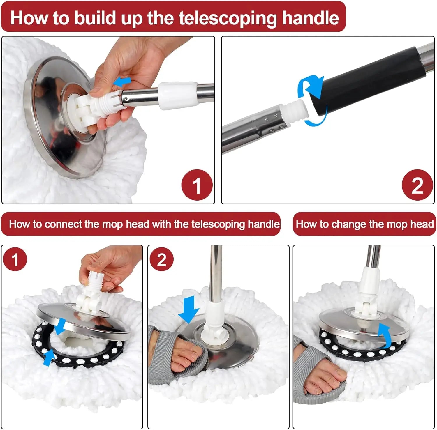 NONECN Spin Mop Bucket Set Wring System Three Microfiber Heads