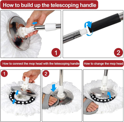 NONECN Spin Mop Bucket Set Wring System Three Microfiber Heads