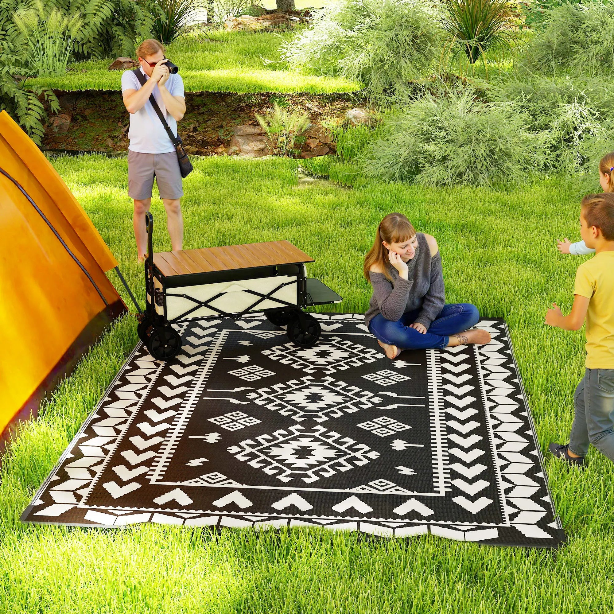 Black And White Rhombus Patchwork Outdoor Rug