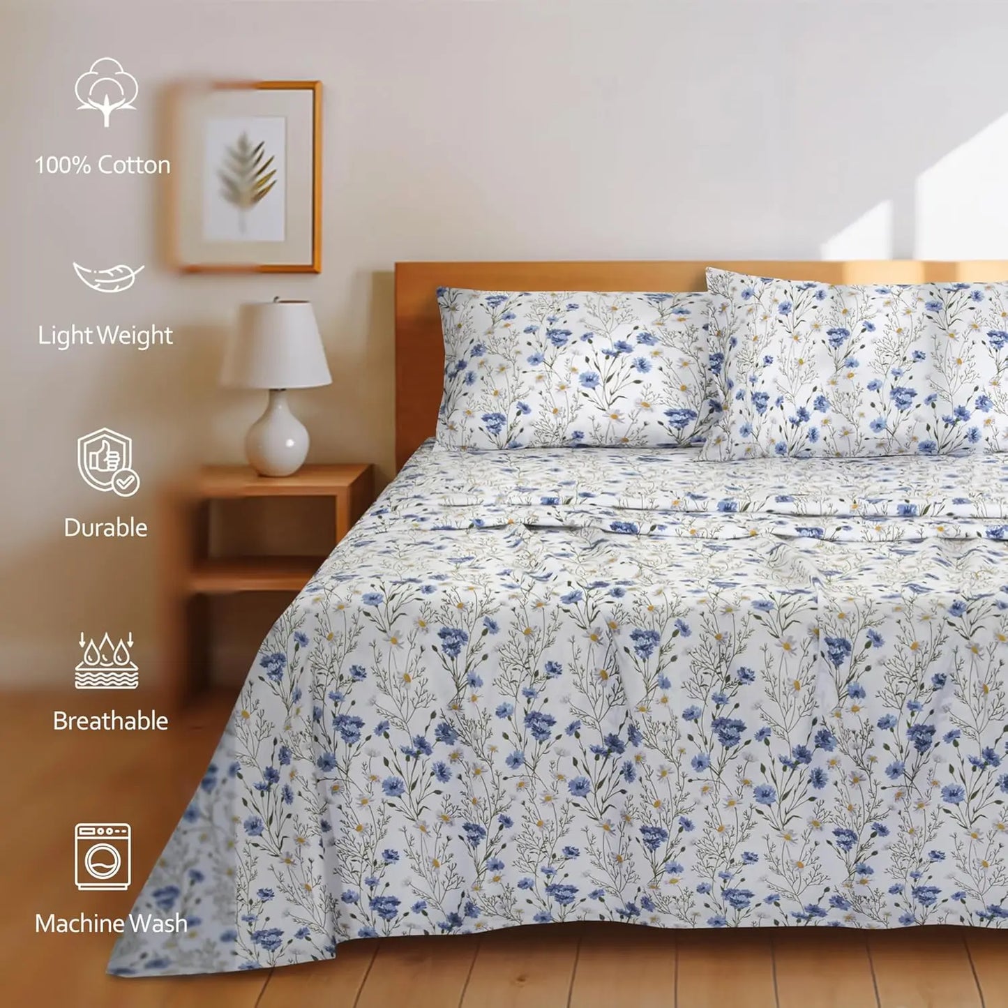 Cotton Percale Sheets Set With Floral Design And Deep Pocket
