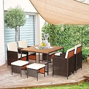 Outdoor 9 Piece Patio Dining Set With Rattan Chairs Table
