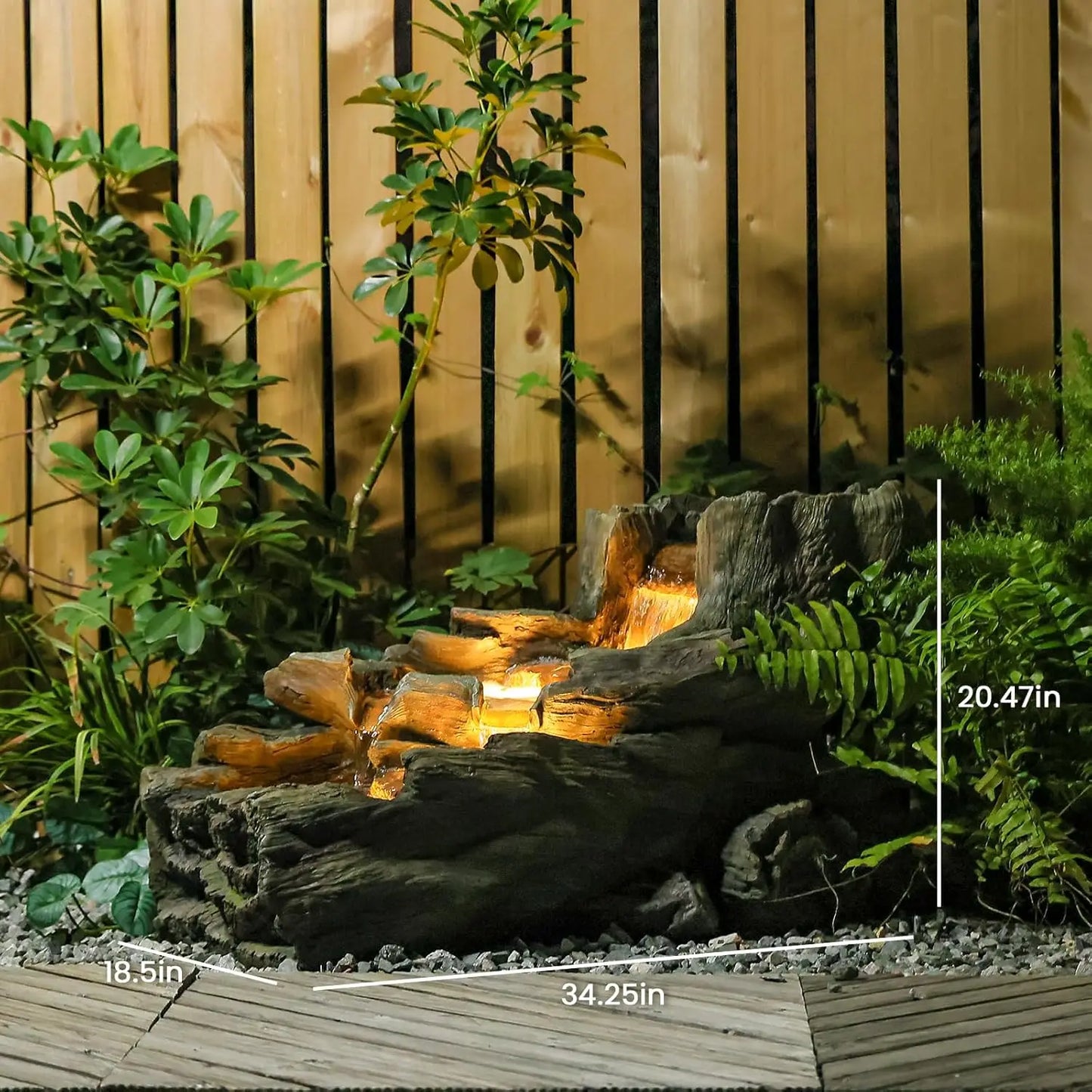 Outdoor Three Tier Tree Trunk Waterfall Fountain With LED