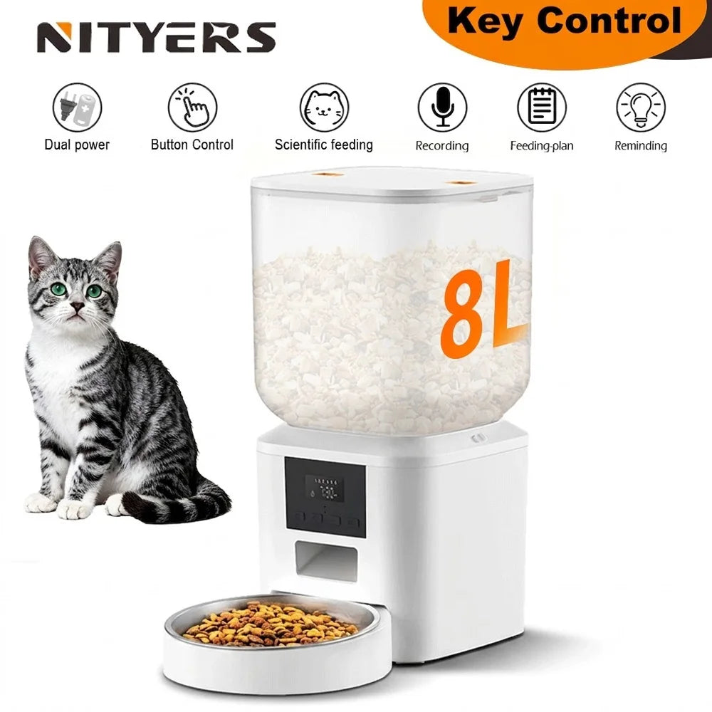 Nityers 8L Automatic Cat Feeder With Key Control Voice Recorder