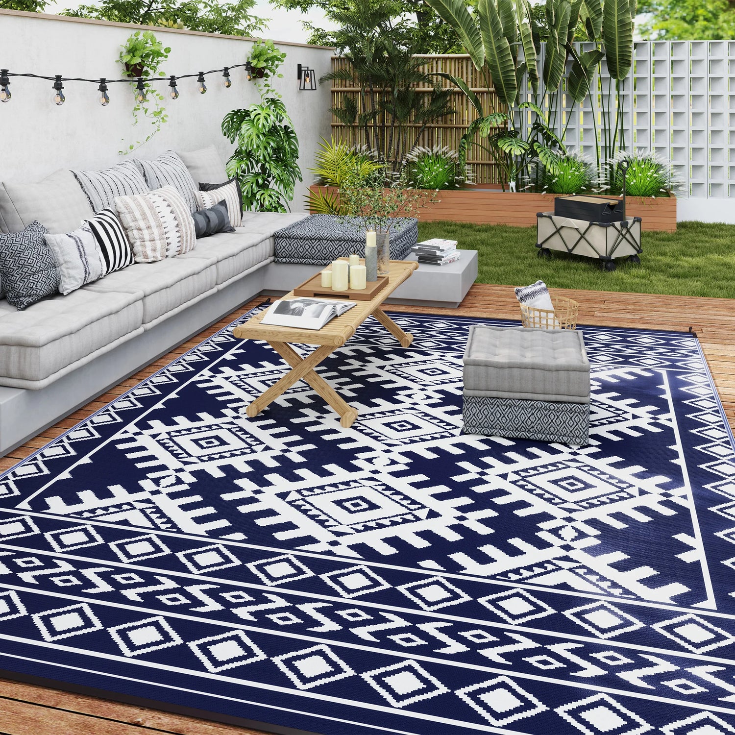 Outdoor Geometric Rug With Rhombus Border Floor Mat For Outdoors