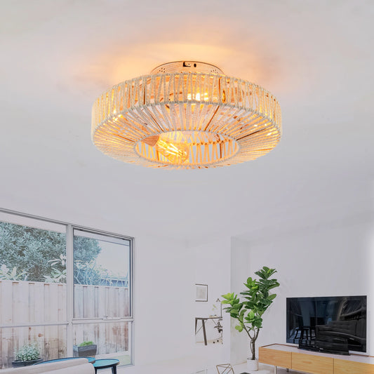 Linen Rope Cage Flush Mount Ceiling Fan With Lights