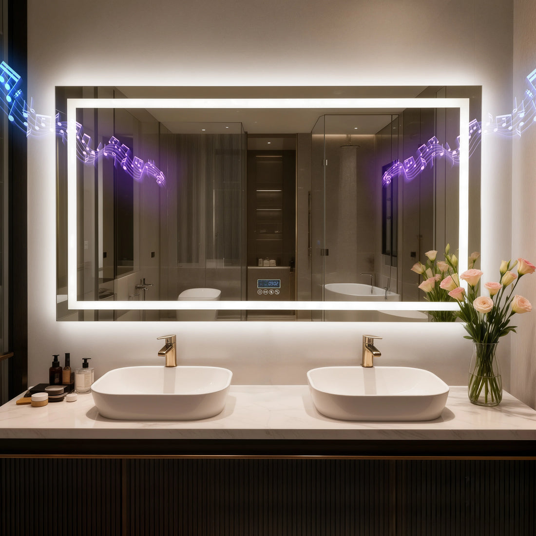 Led Bathroom Mirror With Bluetooth Speaker Anti Fog Dimmable Backlit Lights
