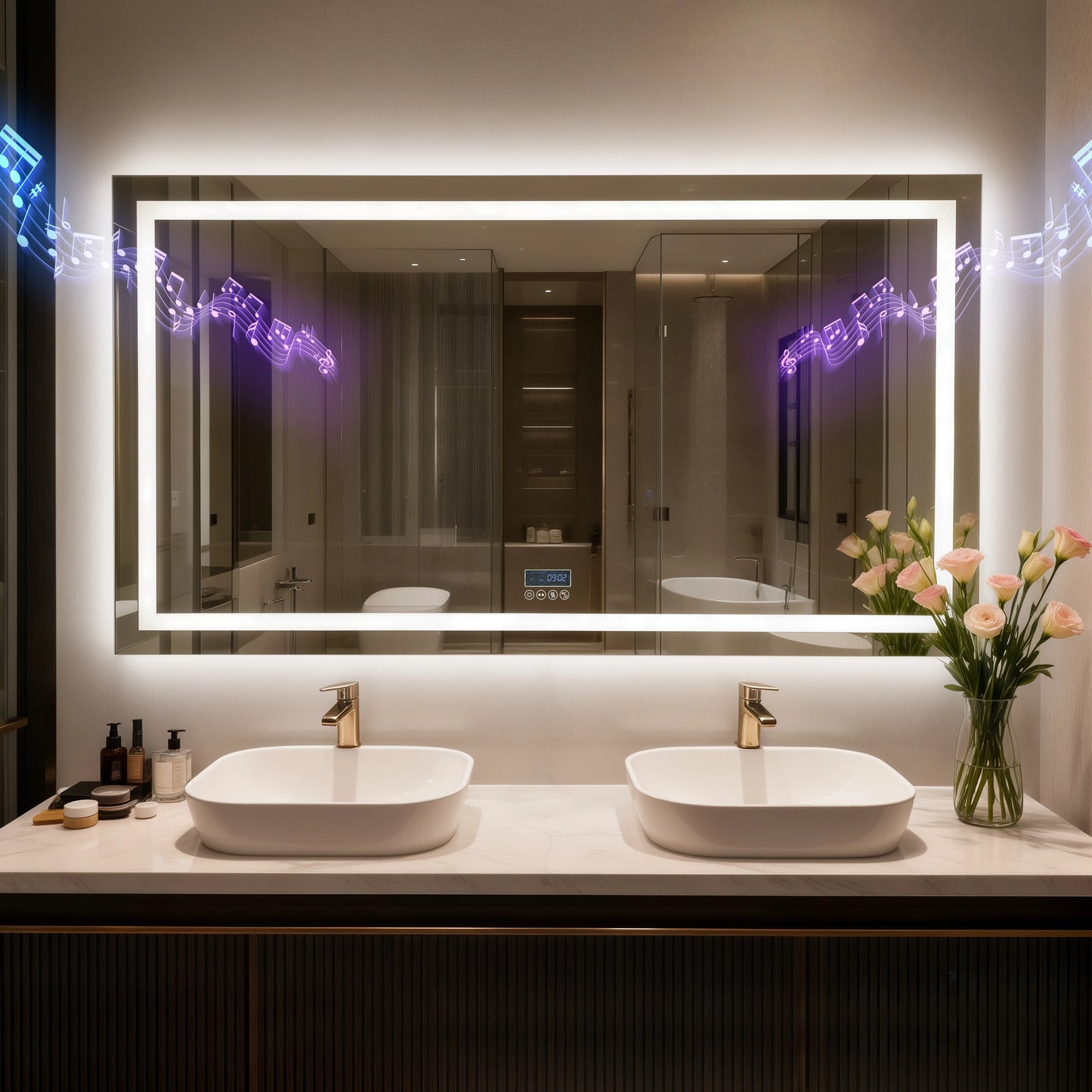 Led Bathroom Mirror With Bluetooth Speaker Anti Fog Dimmable Backlit Lights