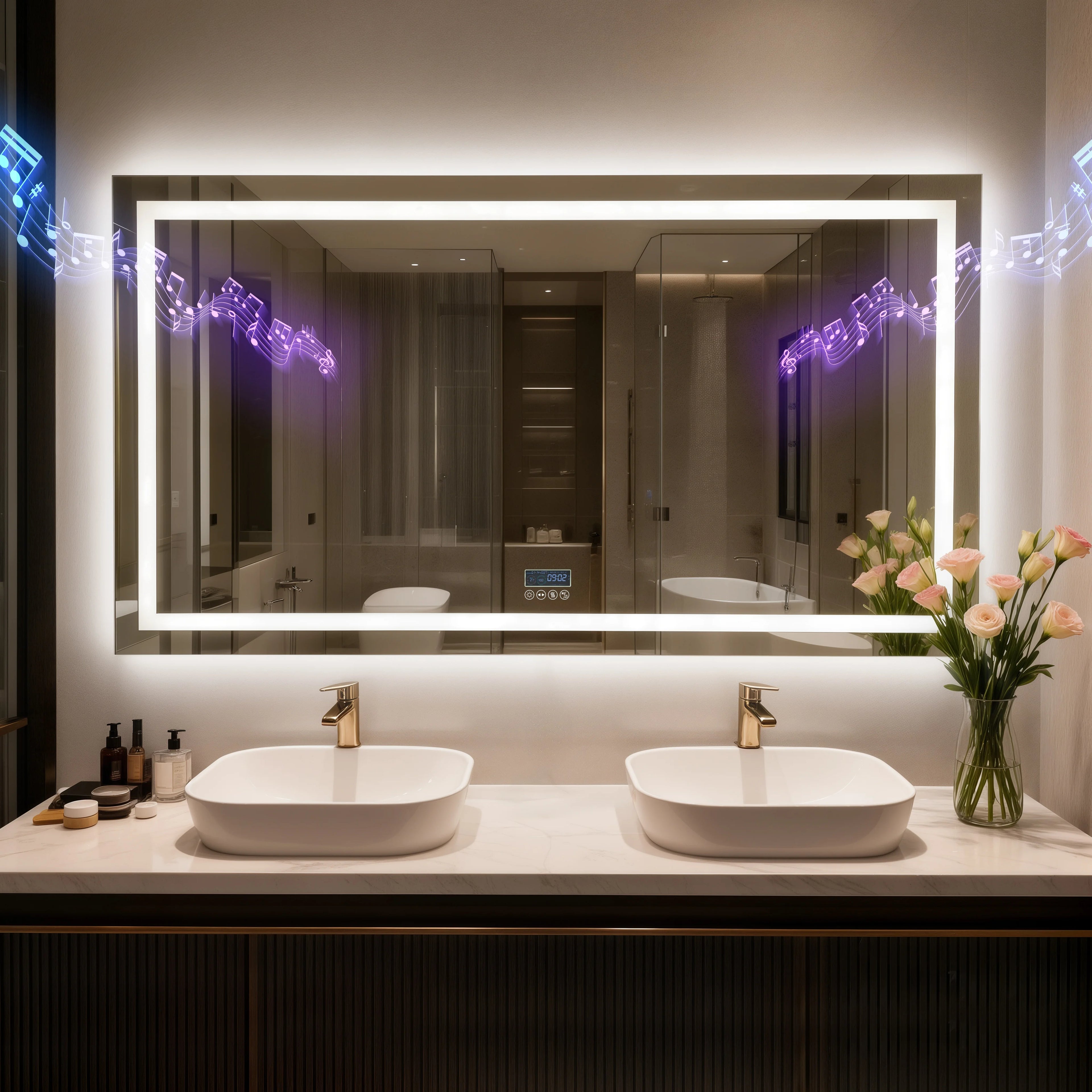 Led Bathroom Mirror With Bluetooth Speaker Anti Fog Dimmable Backlit Lights