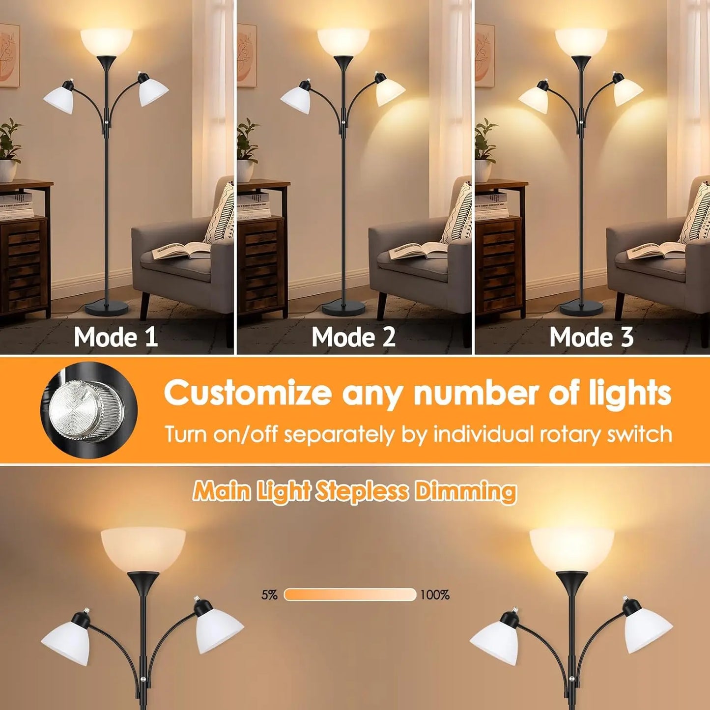 Dimmable Floor Lamp With Reading Lights No Bulbs Included