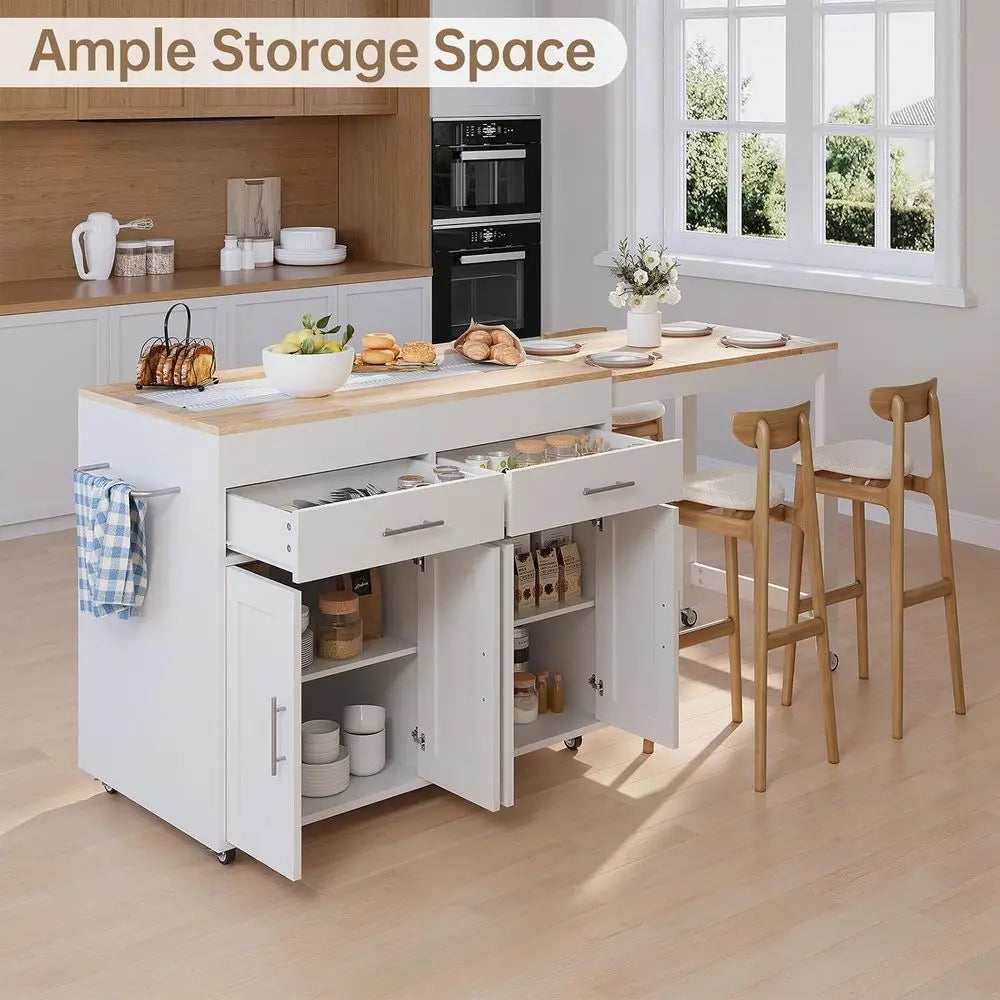 Rolling Wood Kitchen Island Dining Table With 4 Door Cabinet