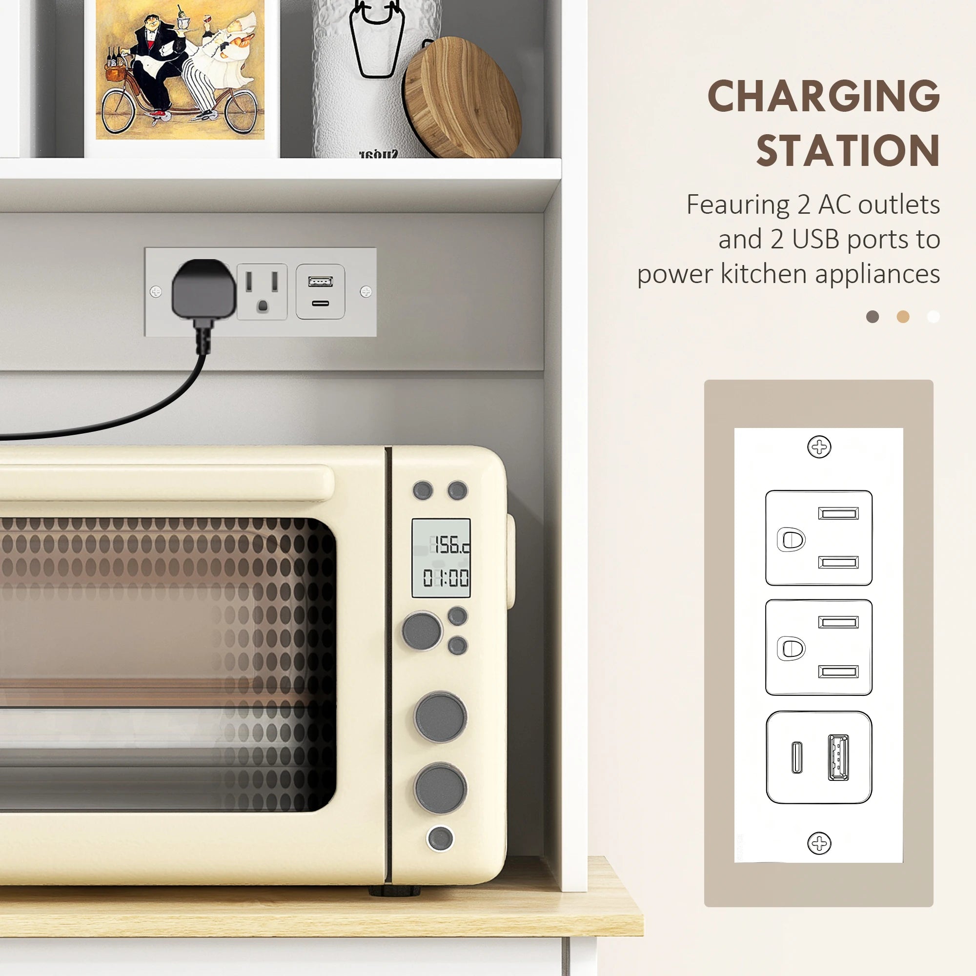 Homcom Modern Kitchen Pantry Storage Cabinet With Charging Station