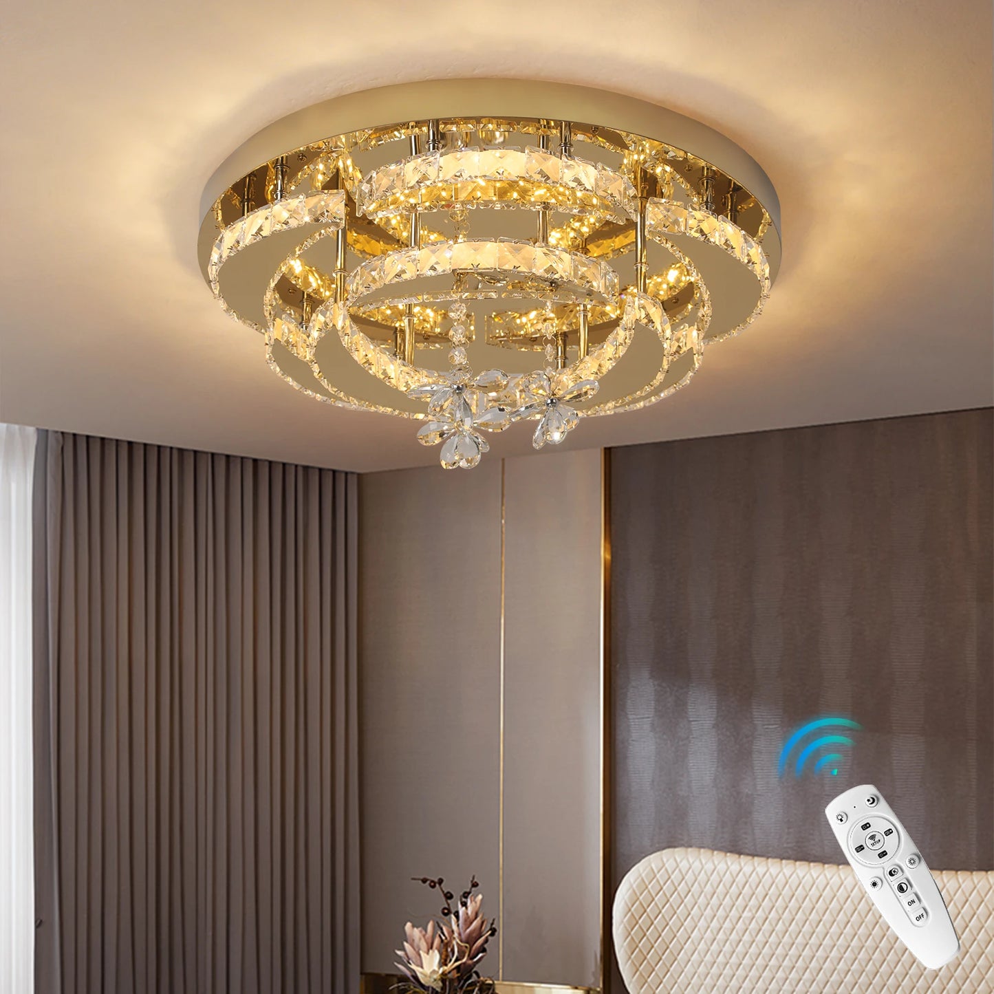 GreeLustr Flower Crystal LED Ceiling Chandelier With Dimmable RC