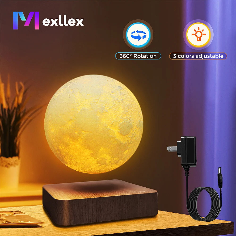 Mexllex Magnetic Floating Moon Lamp With Wooden Base 3-Temperature LED