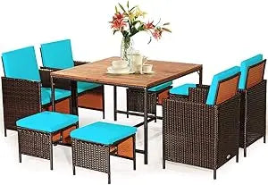 Outdoor 9 Piece Patio Dining Set With Rattan Chairs Table