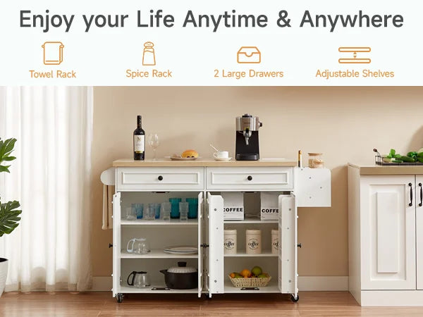 Mobile Kitchen Island With Drop Leaf Cart And Power Outlet