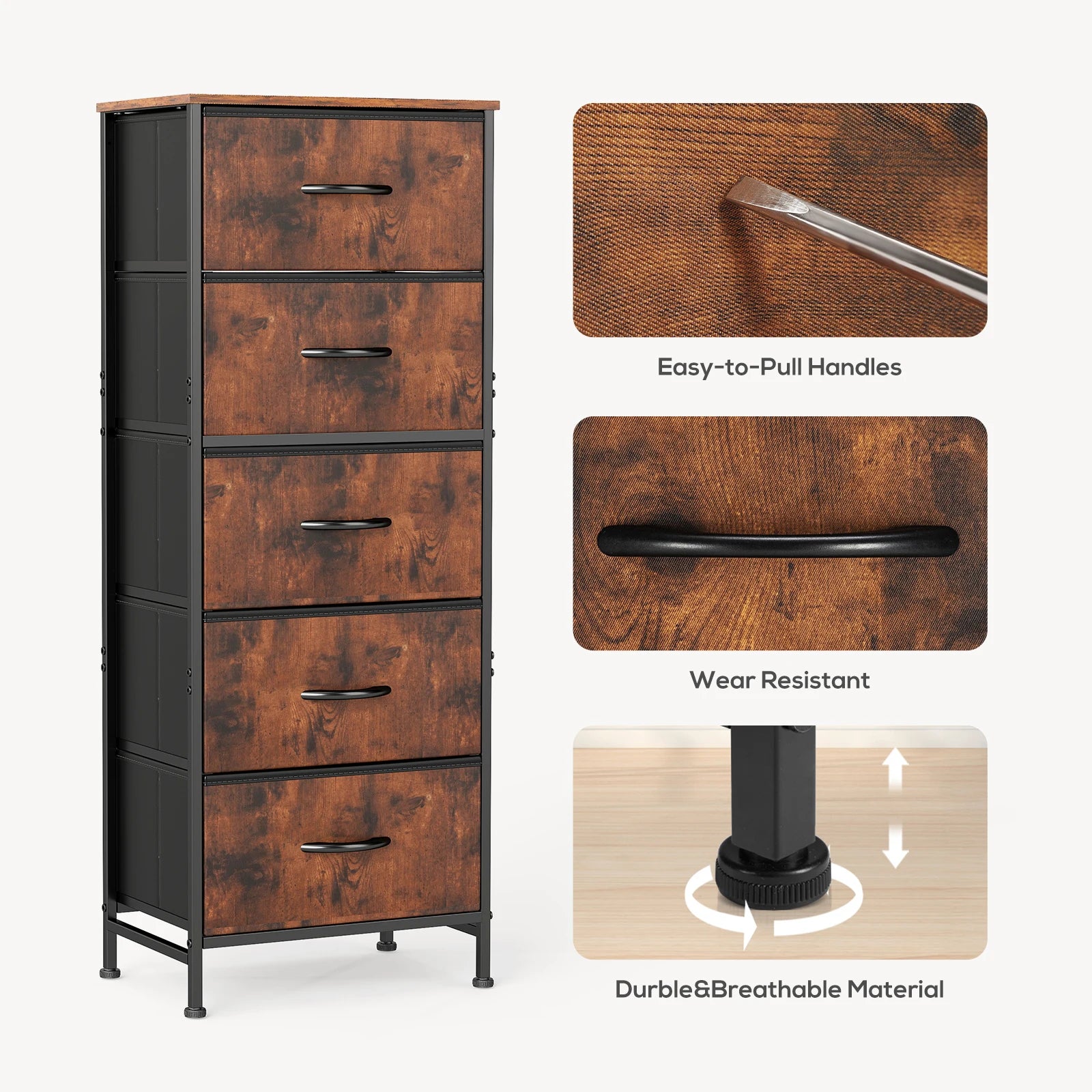 JHK Bedroom Dresser With Five Fabric Drawers And Steel Frame