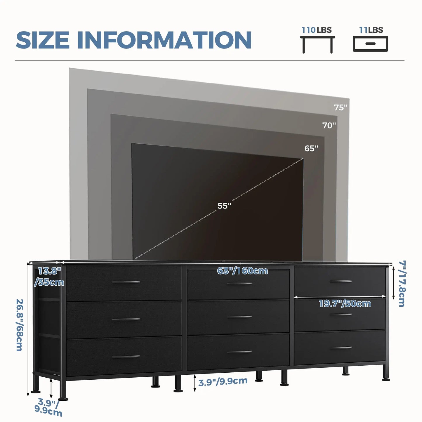 JHK Living Room Cabinet With 9 Fabric Drawers Entertainment Center