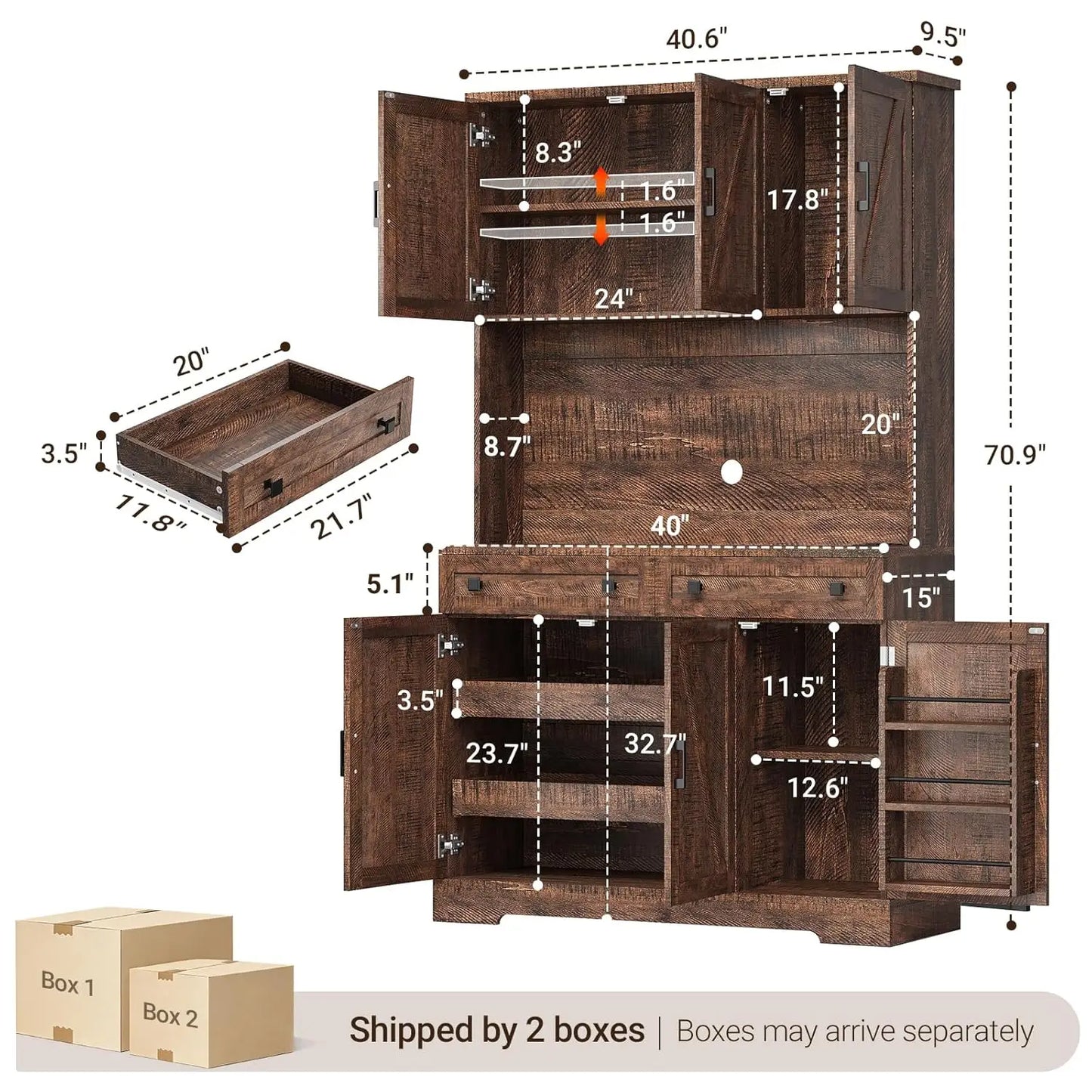 GUANGBAI Kitchen Pantry Cabinet With Charging Station And LED Lights