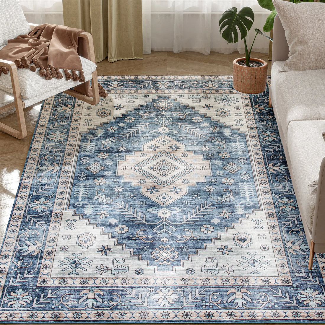 Vintage Oriental Medallion Machine Washable Area Rug Soft Polyester Floor Mat
