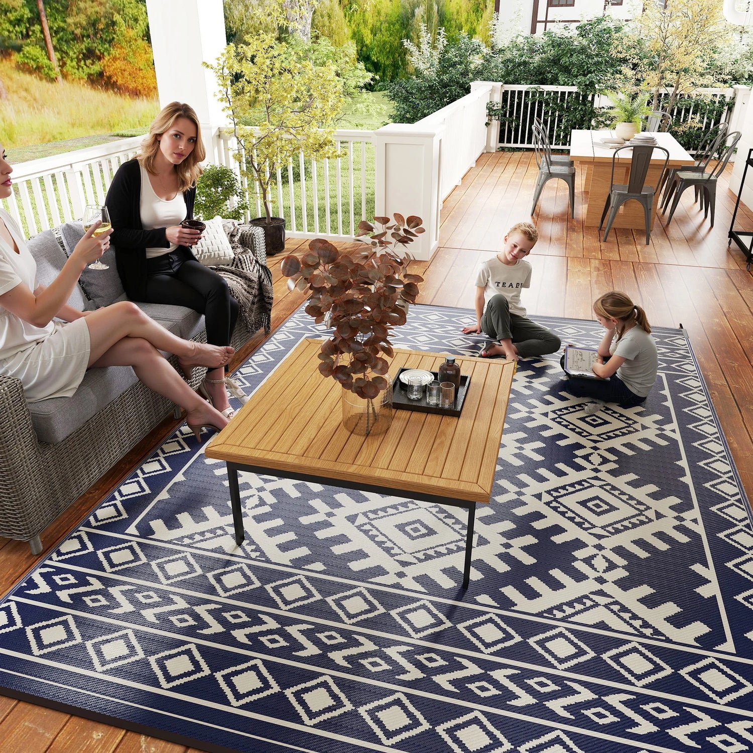 Outdoor Geometric Rug With Rhombus Border Floor Mat For Outdoors