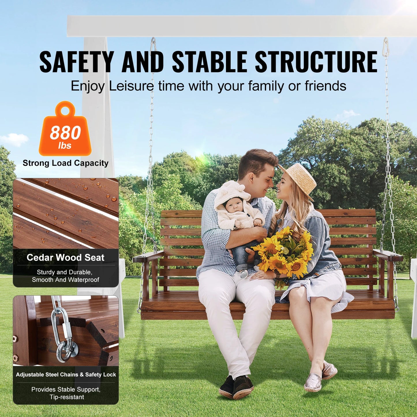 SucceBuy Wooden Porch Swing With 880 Lb Capacity Outdoor Patio