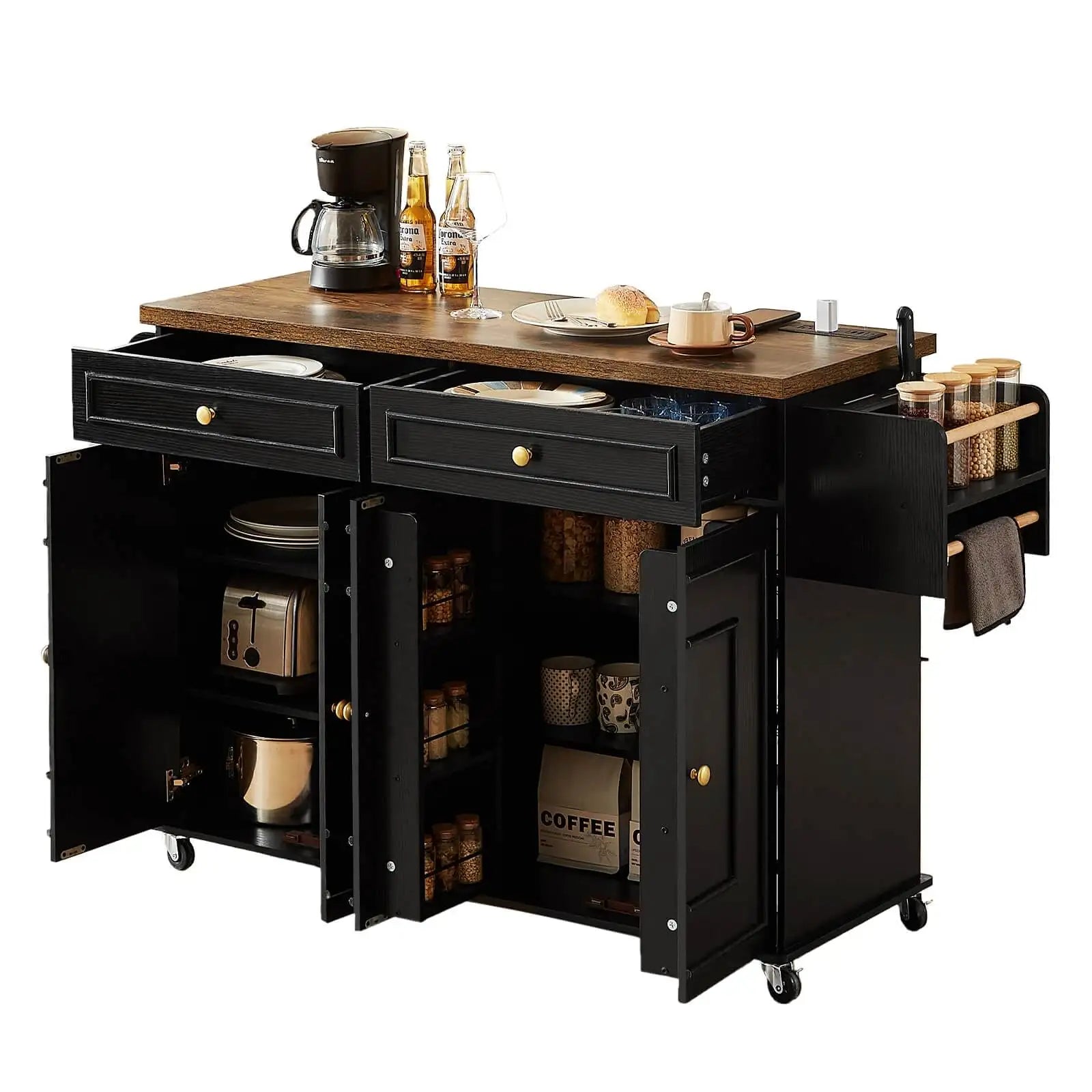 Mobile Kitchen Island With Drop Leaf Cart And Power Outlet