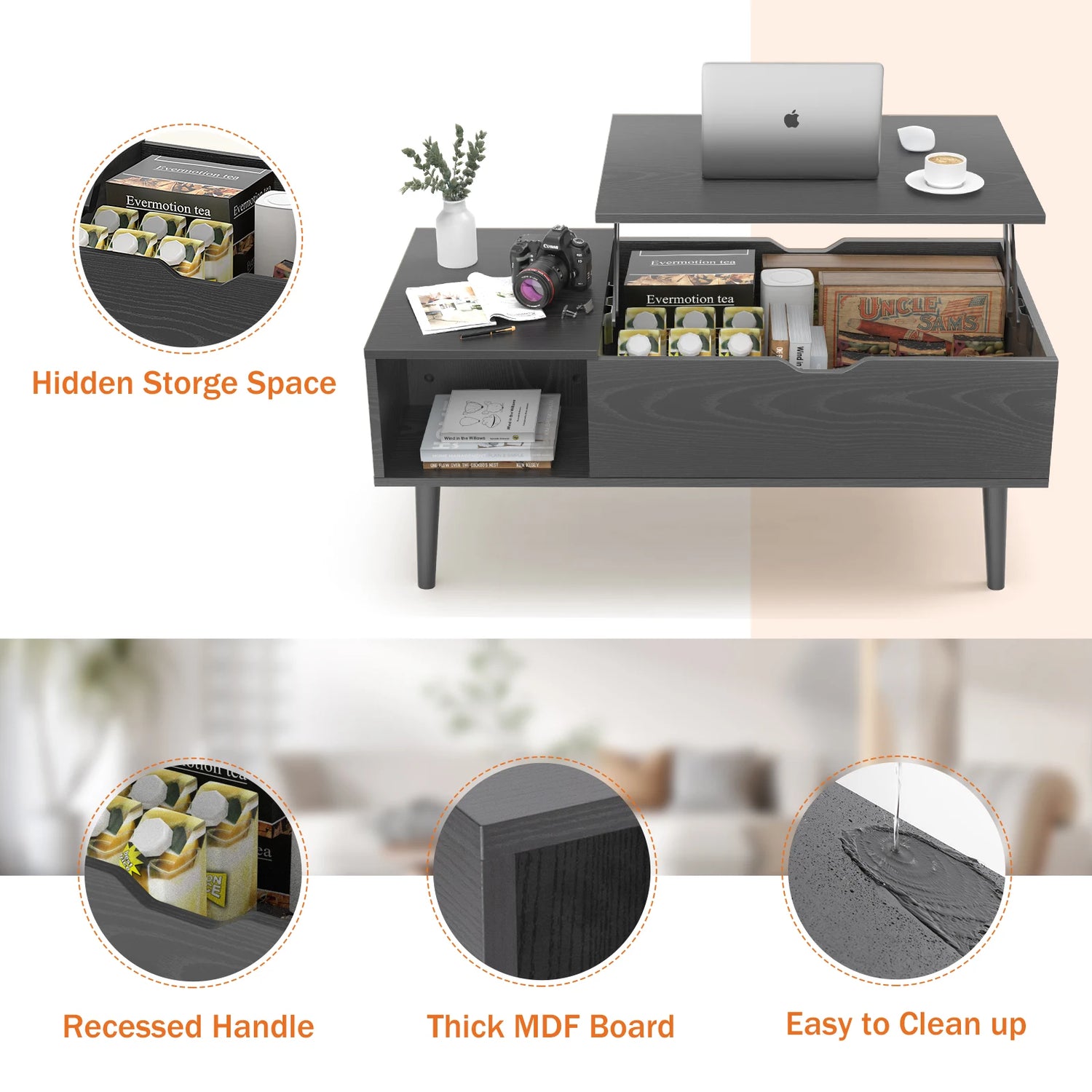 JHK Lift Top Coffee Table With Wood Storage Shelf Modern