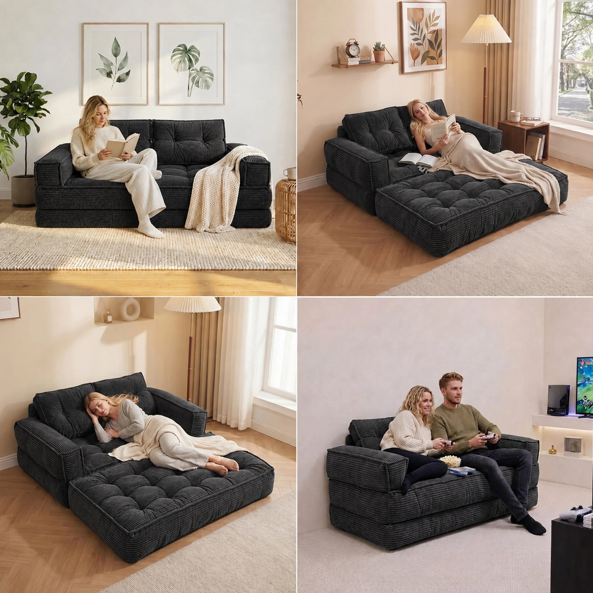Modern Corduroy Sofa With Chaise And Convertible Floor Couch