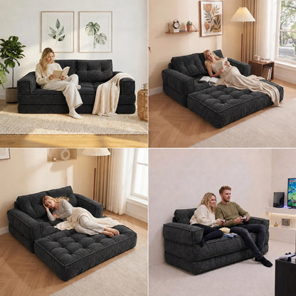 Modern Corduroy Sofa With Chaise And Convertible Floor Couch