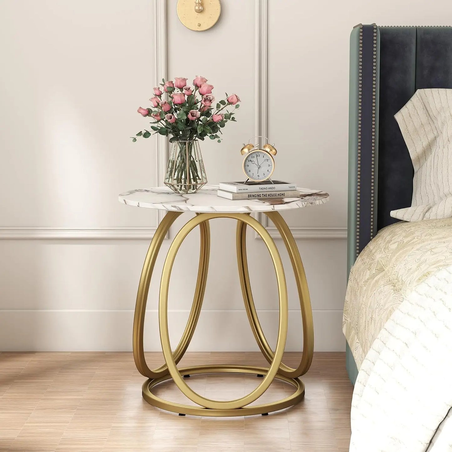 Marbled Stone Round Side Table With Metal Frame Living Room