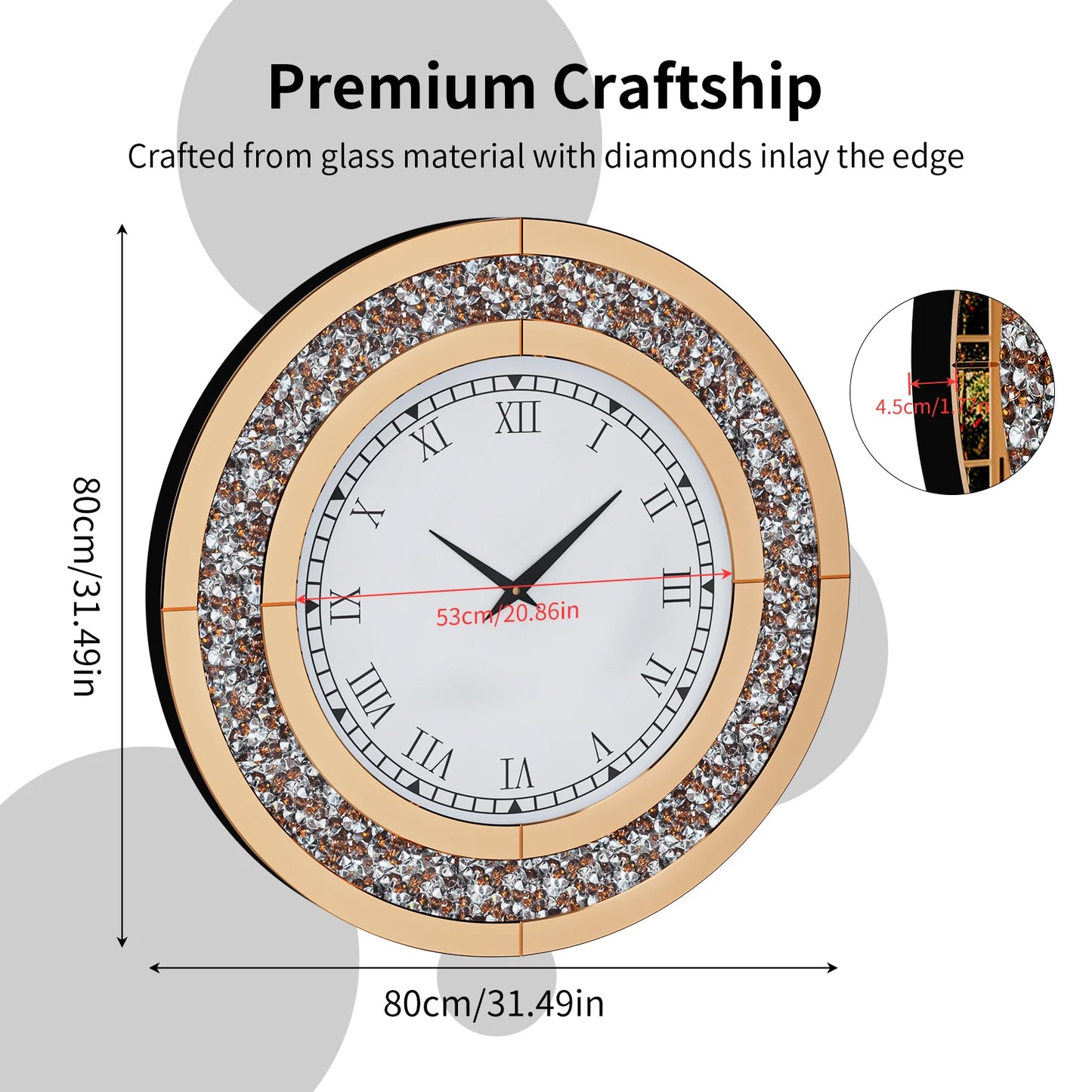 Crystal Sparkle Round Mirror Wall Clock for Living Room Decor