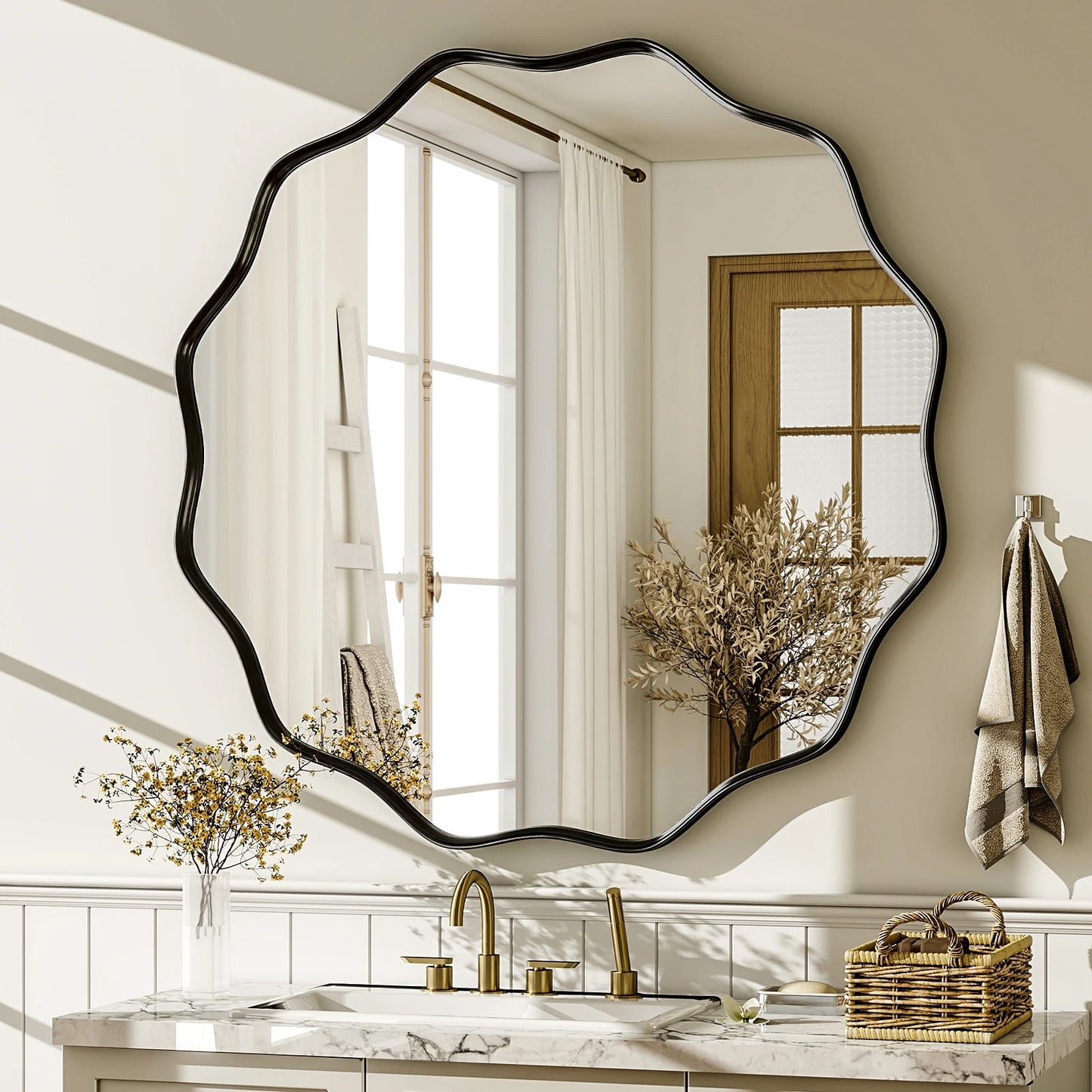 BEAUTYPEAK Wavy Round Decorative Bathroom Mirror With Deep Frame