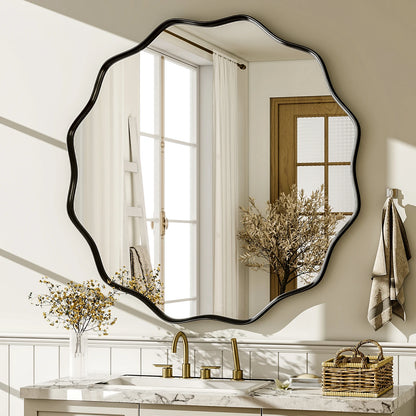 BEAUTYPEAK Wavy Round Decorative Bathroom Mirror With Deep Frame