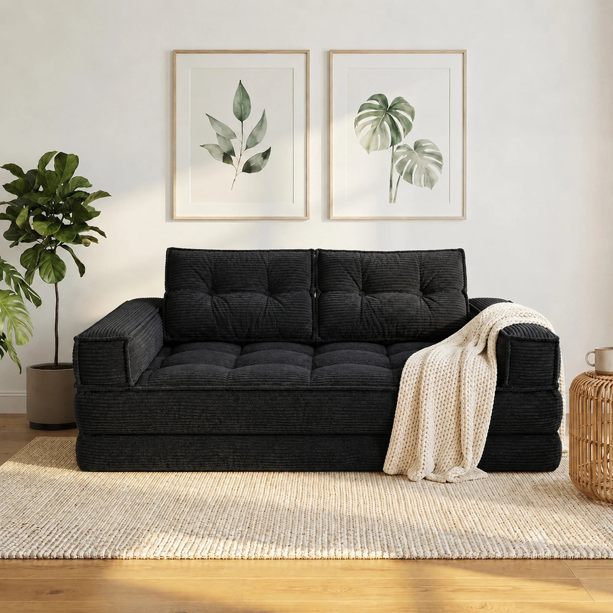 Modern Corduroy Sofa With Chaise And Convertible Floor Couch