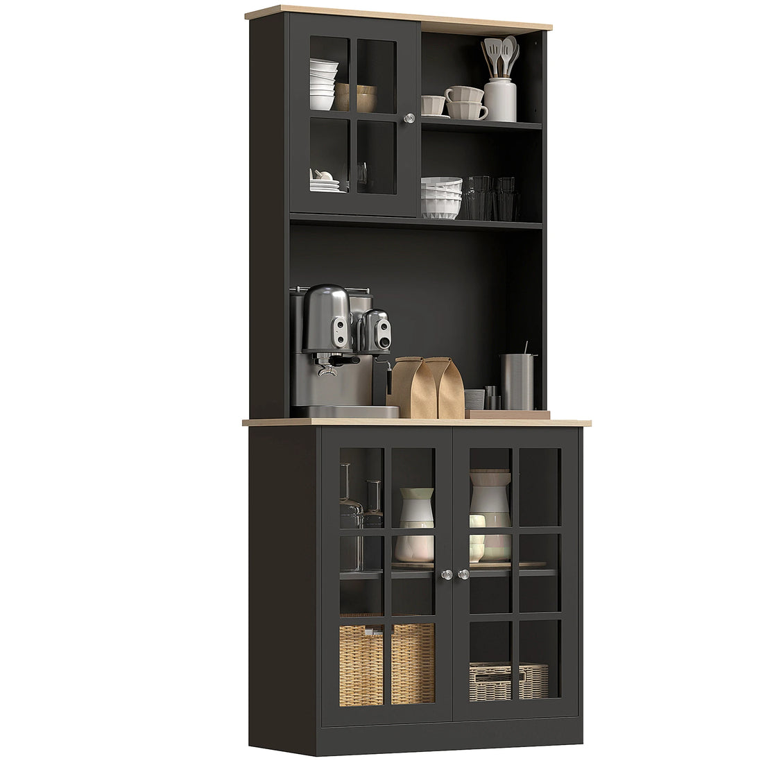 Homcom Glass Door Kitchen Pantry Cabinet With Adjustable Shelving